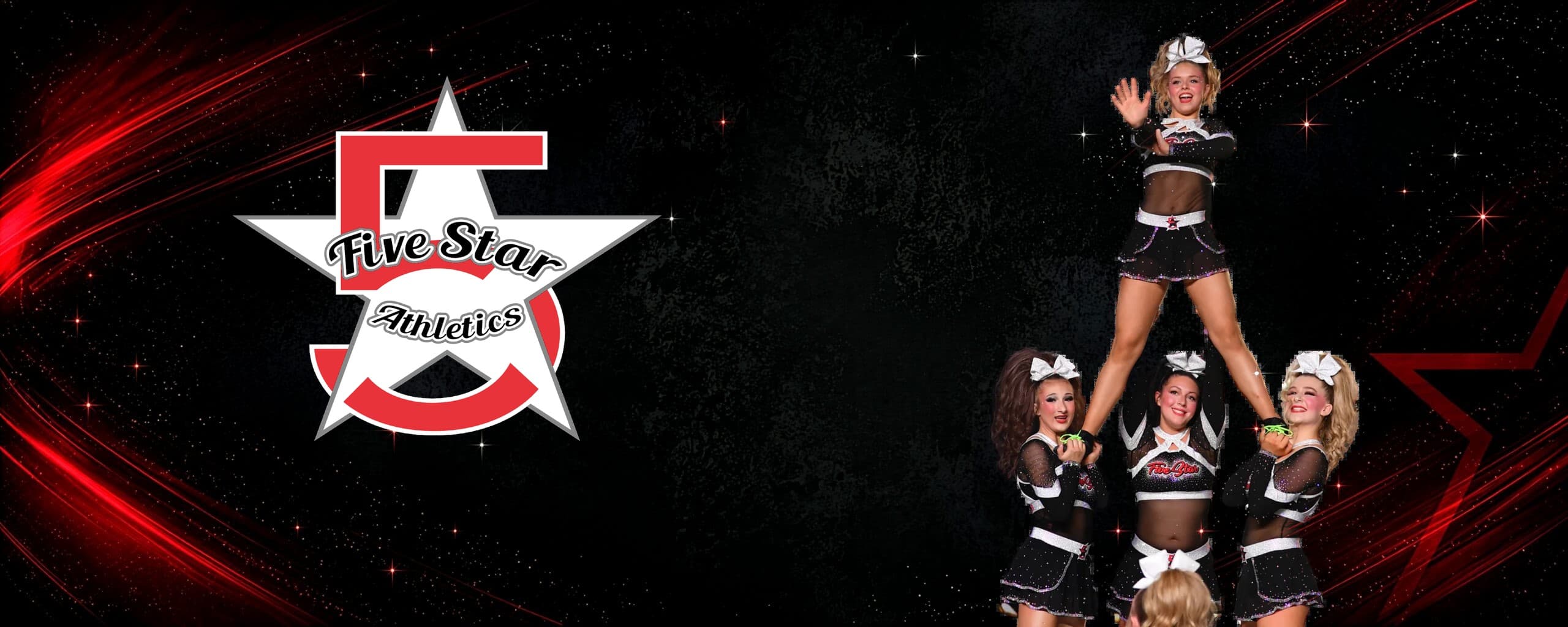 The Five Star Athletics logo beside a Five Star Elite cheer stunt on a black and red background